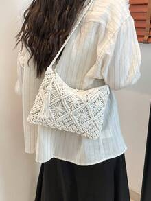 Vintage Woven Handbag, Bohemian Style Crossbody Bag, Woven Set Fabric Beach Bag, Tassel Decor Crochet Bag - White - View 6
