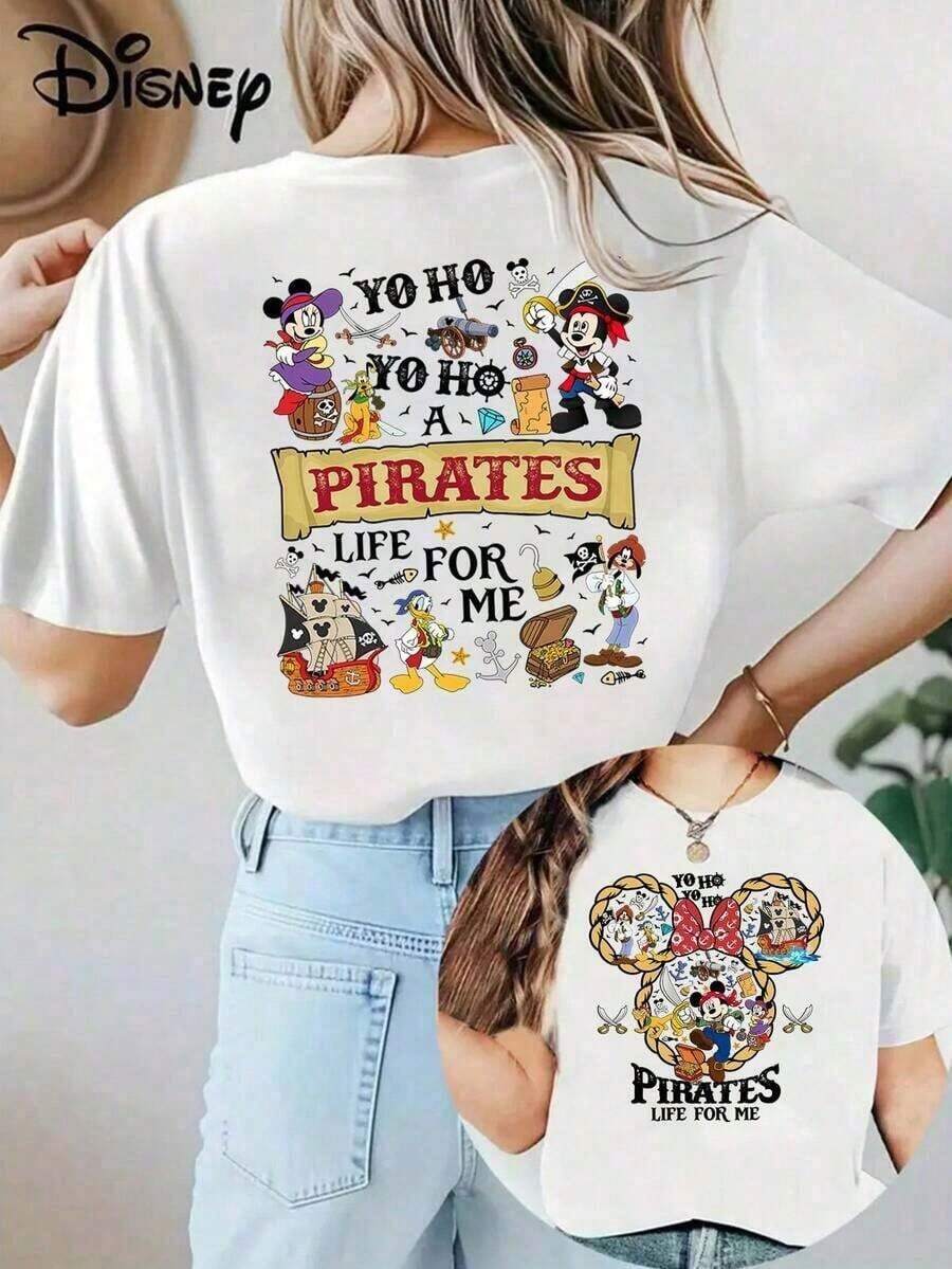 Disney Loose Fit "YO HO HO A PIRATE'S LIFE FOR ME" Mickey Minnie Pirate Style Front And Back Printed T-Shirt, Suitable For Summer And Spring, Short Sleeved Tops, Women's Clothing, Holiday Gift Party Clothing.--Disneys Disneyland Paris The Magic Kingdom Disneyesque B6Holiday Gifts Valentine's Day Gifts Earth Day Gifts Oktoberfest Gifts Summer Bank Holiday Gifts - trắng - Xem 1
