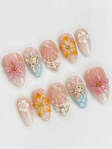 24pcs Ocean Style Almond Shaped Acrylic Nail Stickers With 3D Starfish, Seashell & Floral Patterns, Pearlescent Metallic Decorative Glossy Full Cover False Nails, Suitable For Women & Girls Summer Beach Holiday Daily Wear - 彩色 - 查看 1