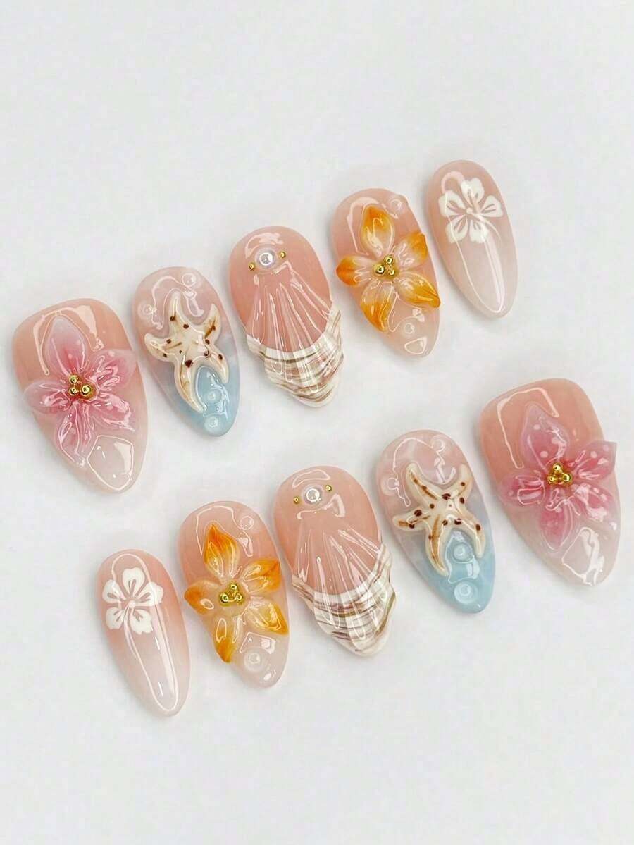 24pcs Ocean Style Almond Shaped Acrylic Nail Stickers With 3D Starfish, Seashell & Floral Patterns, Pearlescent Metallic Decorative Glossy Full Cover False Nails, Suitable For Women & Girls Summer Beach Holiday Daily Wear - 彩色 - 查看 1
