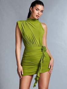 Vestido con hombro asimétrico, pliegue y arrugado, con decoración de flor 3D para damas - Verde - Ver 3