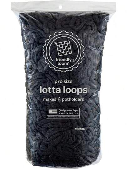 Friendly Loom| Lotta Loops - 10" PRO-Sized Black Potholder Weaving Loops| 6 Cotton Potholders