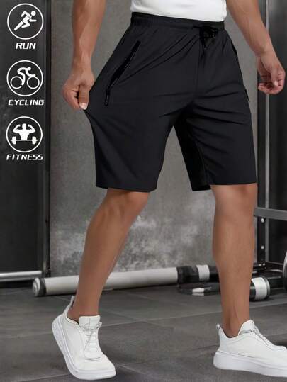 Men's Elastic Casual Sports Shorts, With Drawstring Waistband And Zipper Pockets, Suitable For Sports, Outdoor And Daily Wear, Summer Black