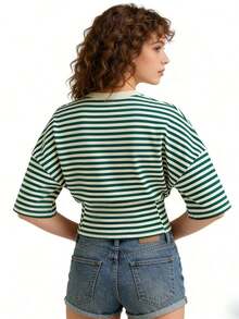 Camiseta casual de verano para mujer con cuello redondo, mangas medianas, rayas y cintura con cordón - Verde - Ver 11