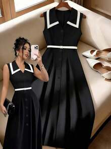fsfvgsGlowEve Vestido midi ajustado con botones, cintura ceñida, estilo vintage elegante para mujer, color albaricoque/negro, tela de calidad, adecuado para primavera/verano y uso diariosbfb s YBL9 - Multicolor 3 - Ver 8