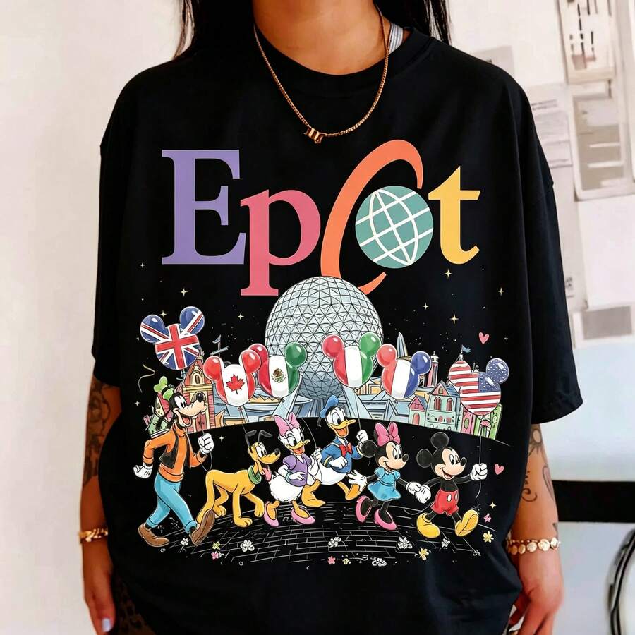 Disney Women's And Men's T-Shirts Classic Disney Characters Walking Through Epcot Printed Oversized T-Shirts, 100% Cotton Retro Short-Sleeved Casual Shirts, And Graphic Printing T-Shirts For Family Park Vacation Matching Outfits - màu đen - Xem 1