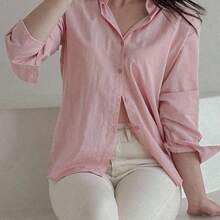 Fashion Women's Clothing  Blusa suelta de unicolor con botones para mujer, de moda para el verano y el otoño, top de manga larga - Rosa - Ver 7