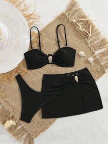 Swim Vcay Set de 3 piezas Conjunto de bikini de verano para mujer con top corto de tela de ganchillo con patrón de ola de color contrastante y decoración de metal, emparejado con Bottom de bikini de corte alto sólido en marrón y falda pareo asimétrica con decoración de metal, con tirantes desmontables, adecuado para vacaciones en la isla, de vacaciones, playa, en la piscina, ambiente relajado - Negro - Ver 7