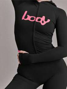 Y2K Hooded Zip-Up Crop Top & High Waist Leggings 2-Piece Set, Grey Form-Fitting Loungewear Outfit With Pink Letter Print - 黑色 - 查看 1