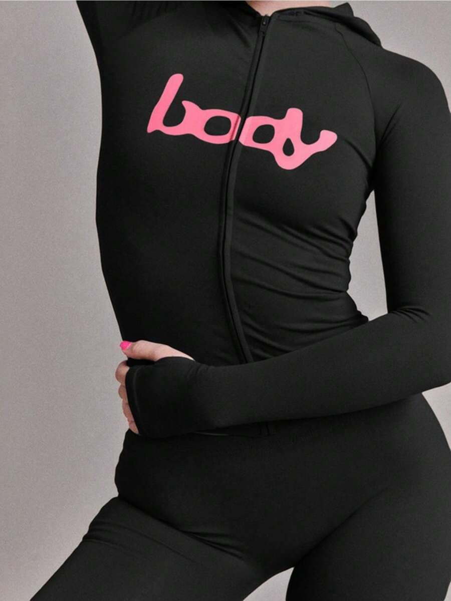 Y2K Hooded Zip-Up Crop Top & High Waist Leggings 2-Piece Set, Grey Form-Fitting Loungewear Outfit With Pink Letter Print - 黑色 - 查看 1