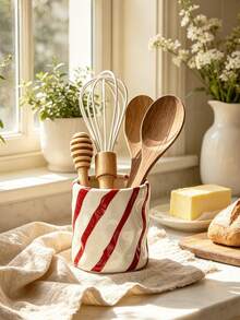 1pc Striped Resin Kitchen Utensil Holder, Bright Red/Pink Diagonal Striped Utensil Holder, Decorative Resin Storage Rack For Spoons, Forks, Whisks, Suitable For Kitchen, Restaurant, Lightweight Resin Material, Adds Cheerful Atmosphere To Cooking Space - Slash Polka Dot Storage - View 2