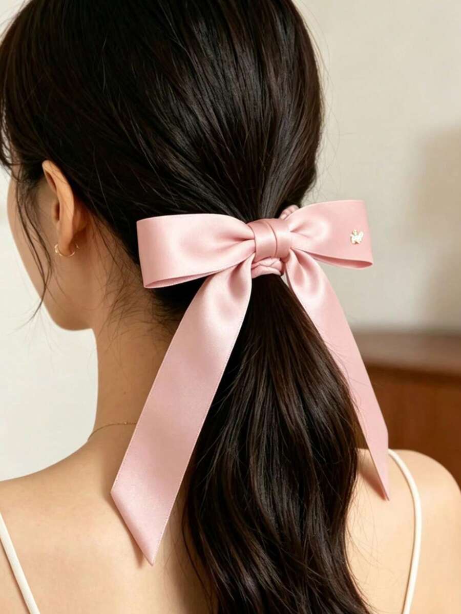 2入女款時尚緞面蝴蝶結髮圈,柔軟彈性髮帶,甜美風格日常髮飾,適合女士與女孩馬尾綁髮 - 彩色 - 查看 1