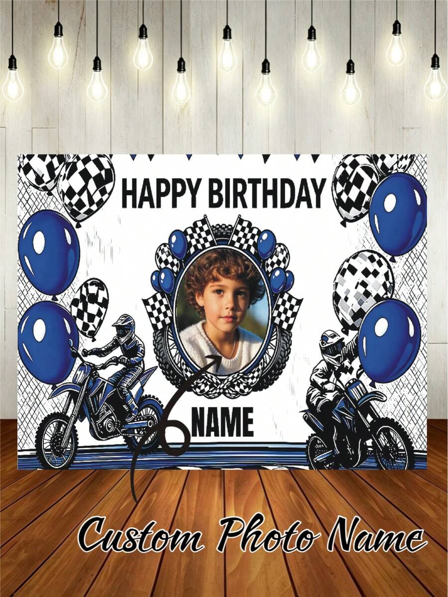 可定制姓名及照片的越野摩托车锦标赛生日快乐背景幕布,黑白旗帜气球设计,适用于比赛、生日派对、墙面装饰、摄影、乙烯基横幅道具 - 黑色 - 查看 1