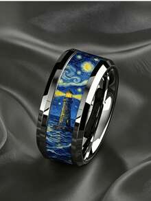Personalized Artistic Style Ring, Black Tungsten Steel Band, Van Gogh Painting Replica, Men's Accessory - Silver - View 2