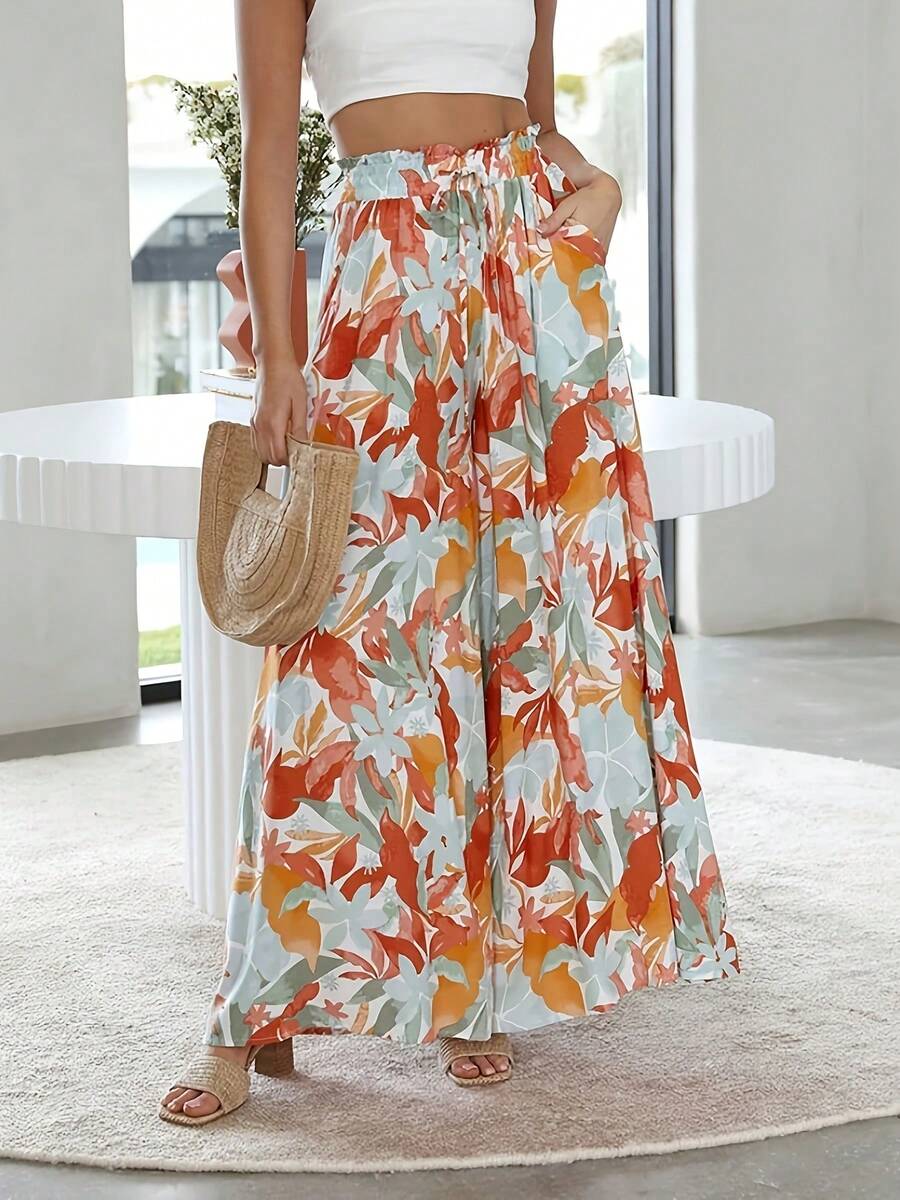 Women's Wide Leg Trousers With Elastic Waist And Print - Orange-red Flower - View 1