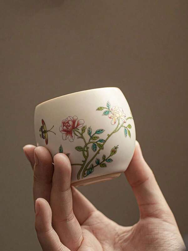 1 pieza/2 piezas Taza de té de cerámica con patrón de plato de cien flores Ru Yao beige, estilo elegante y exquisito de lujo ligero, taza de anfitrión de tamaño mediano, taza individual, adecuada para fiestas de té diarias, café árabe, café turco, preparación de café, recibir invitados, amigos