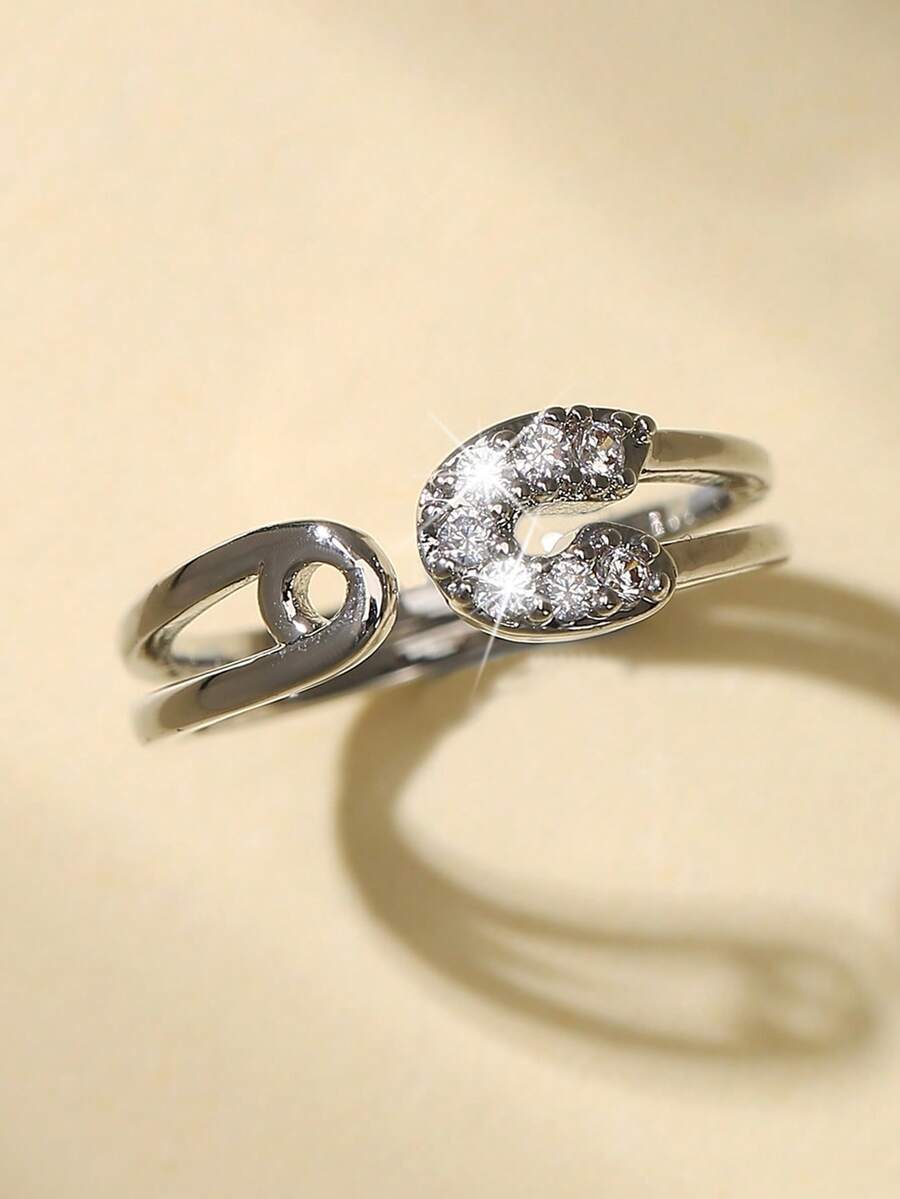 Nooxian 1pc Brooch Shaped Zirconia Open Ring - Silver - View 1