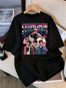 2026 New Arrival Strays Kids Seungmins Kim Bootleg Graphic T-Shirt, Unisex Plus Size Friendly, Kpops Idol Tee, Casual Black Short Sleeve Top, Stay Fan Merch, Retro 90s Streetwear - Black - View 1