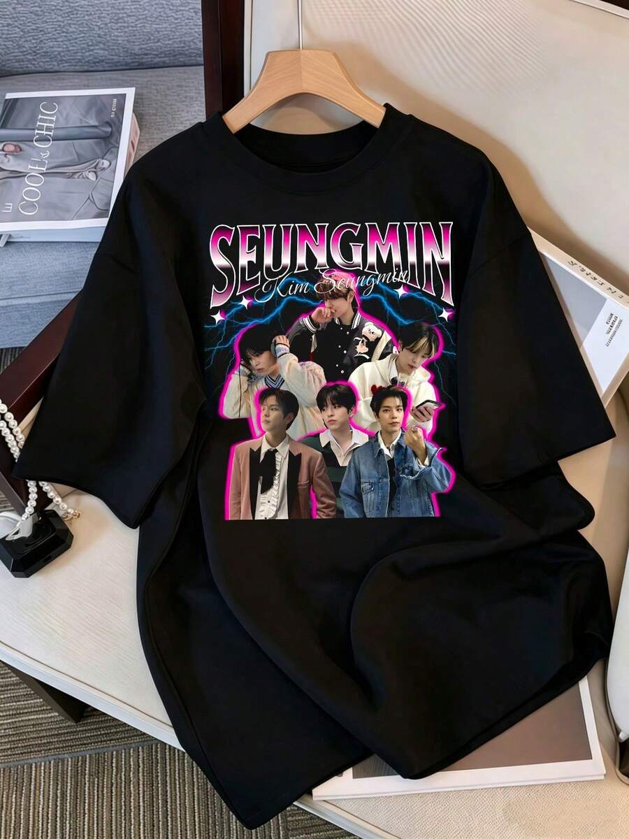 2026 New Arrival Strays Kids Seungmins Kim Bootleg Graphic T-Shirt, Unisex Plus Size Friendly, Kpops Idol Tee, Casual Black Short Sleeve Top, Stay Fan Merch, Retro 90s Streetwear - Black - View 1