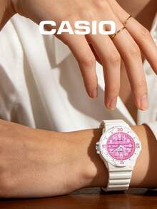 CASIO 女款學生防水運動手錶，白色錶殼搭配粉色格紋錶盤，極簡石英腕錶，適合中學生與高中女生，戶外、游泳、百搭、清新，白色手錶，禮物 - 白色 - 查看 2
