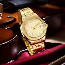 1 pieza Reloj de pulsera de lujo para hombres de negocios con esfera cuadrada, correa de metal, adecuado para el uso diario, ideal para el uso diario de los hombres o como regalo - Dorado - Ver 2