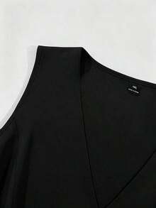 Vestido de rayas amarillo claro con cuello en V, sin mangas y corte evasé para mujer de talla - Elegante y de moda, con cinturón decorativo metálico, para uso casual, de oficina, paseos y fiestas deé por la tarde - Negro - Ver 5