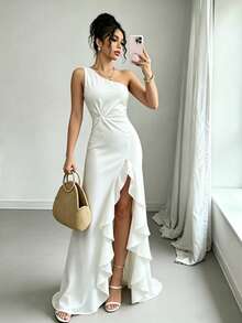 Vestido Largo Blanco Elegante Hombro Único con Abertura y Volantes para Fiesta, Boda o Evento Formal - Blanco - Ver 1