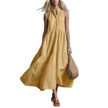 2026 New Elegant Sleeveless Casual Loose Linen Buttoned Vest Dress - Off White - View 6