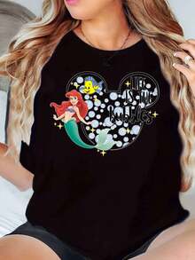Ariel And Flounder Mickey Mouse Shape Life Is The Bubbles Print Disney Women T Shirt Round Neck Short Sleeve Casual Summer Outfit For Everyday Wear Soft Comfortable 220g - màu đen - Xem 1