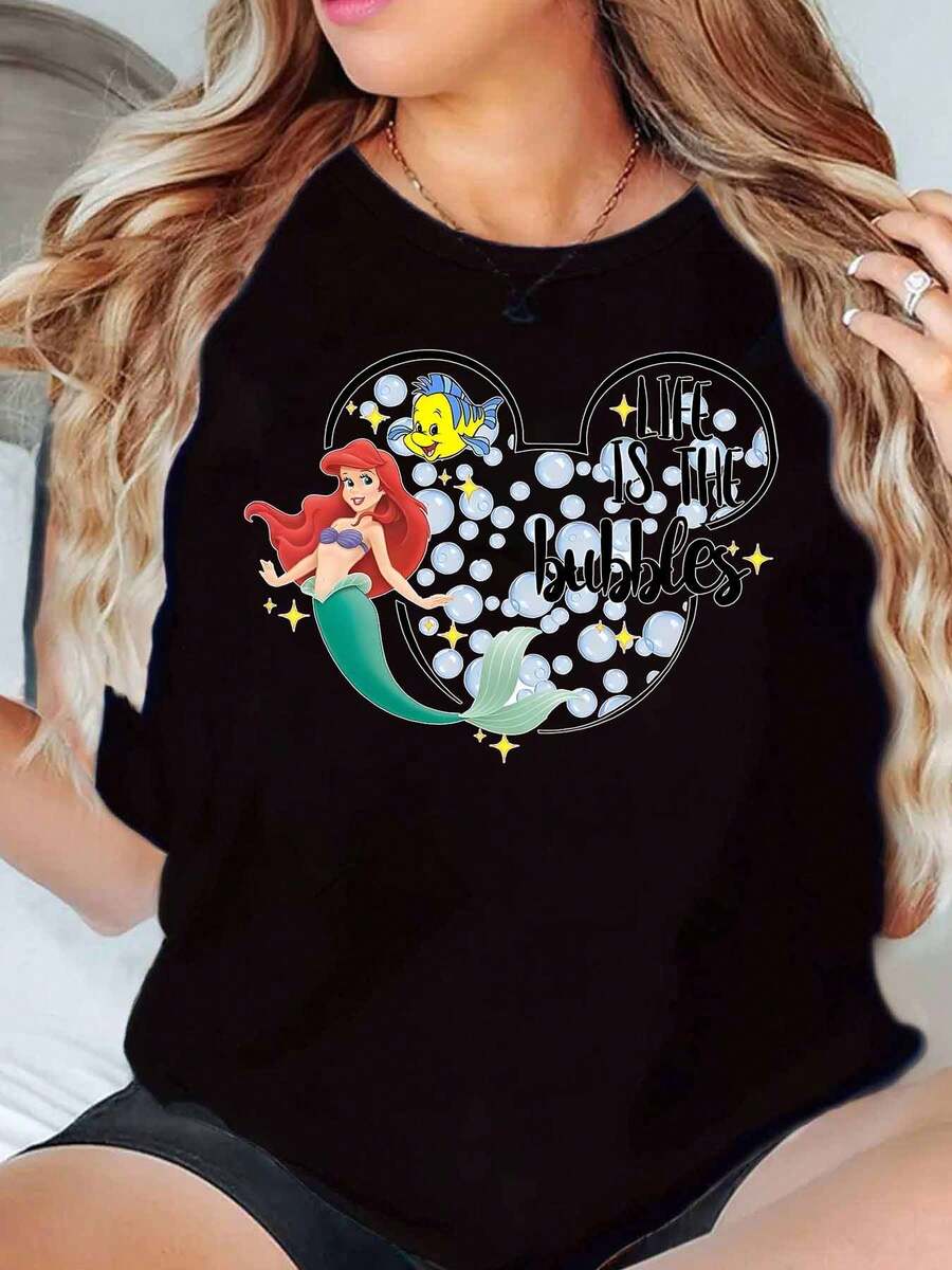 Ariel And Flounder Mickey Mouse Shape Life Is The Bubbles Print Disney Women T Shirt Round Neck Short Sleeve Casual Summer Outfit For Everyday Wear Soft Comfortable 220g - màu đen - Xem 1