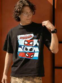 Men's MARVEL Spider-Man Comic Strip Design Graphic T-Shirt, 100% Cotton Summer Streetwear Tee, Great Gift Idea - Black - View 3