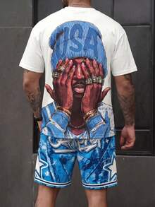 FRACTYR Herren American Street Style Rosa Camouflage Stern Muster Rundhals Kurzarm Lässig T-Shirt und Kordelzug Taille Shorts Lässig Set, bequem und atmungsaktiv, geeignet für den Sommer - Blau - Übersicht 2