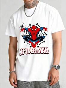 MARVEL Spider-Man Web Graphic T-Shirt For Men, 100% Cotton Loose Fit Streetwear Tee, Great Gift - 白色 - 查看 4