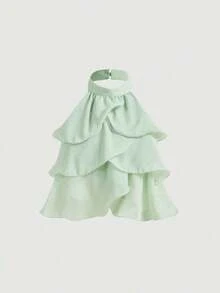 MOD Top corto elegante de múltiples capas con volantes en azul marino, top para Año Nuevo, top de fiesta, top minimalista casual de mujer con botones frontales y tirantes anchos para uso diario, look vintage para el Día de San Valentín - Verde - Ver 2
