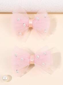 2pcs/Pack Mother's Day Pink Transparent Mesh Faux Pearl Hair Clips, Children Hair Accessories, Wedding Theme Gift - Pink - View 3