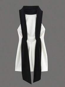 Vestido mini ajustado negro y blanco con lazo y espalda descubierta, de tela tejida de color contrastante, elegante para fiestas de verano - Blanco - Ver 7