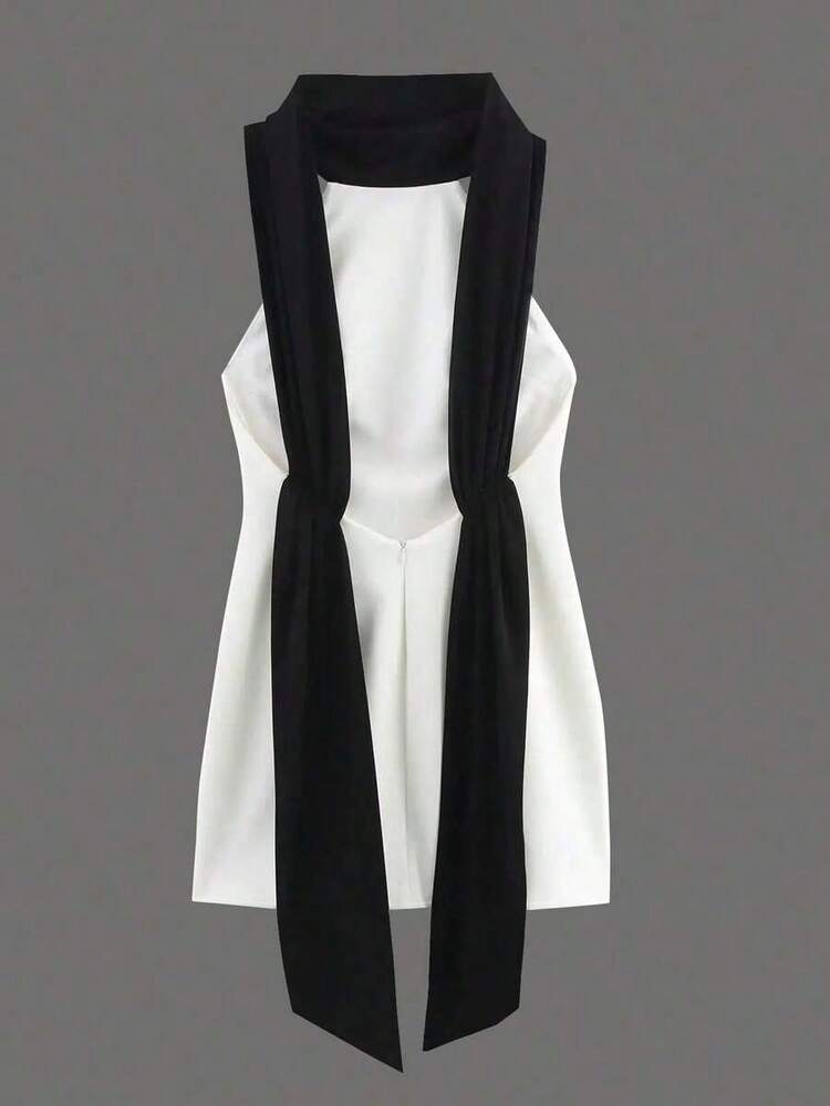 Vestido mini ajustado negro y blanco con lazo y espalda descubierta, de tela tejida de color contrastante, elegante para fiestas de verano - Blanco - Añade 7