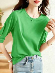 Atasan Kasual Lengan Sedang dengan Desain Kancing, Model Baru Fashion Musim Panas, Kaos Lengan 3/4 Leher Bulat Serbaguna untuk Wanita, Melangsingkan - Cadet Blue - View 5