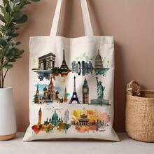 1 unidad de una bolsa tote de lienzo acuarela con lugares icónicos del mundo (35.05cm x 40.13cm), una bolsa de hombro moderna adecuada para compras diarias, ir al trabajo y viajar. es un gran accesorio para mujeres y un regalo ideal para cumpleaños. lona de algodón puro - Beis - Ver 6