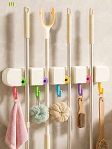 1 Set Dopamine Color Mop Holder, Wall Mounted Mop And Broom Storage Rack, No Drilling Installation, Bathroom Hanger, Multipurpose Hanging Organizer Suitable For Home, Bathroom, Garage - Great For Mops, Brooms And Long-Handle Tools - Durable Plastic Material - Multicolor - View 2