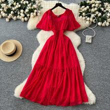 Vestido de Chifón con Lentejuelas y Cuello Cuadrado Retro, Manga Corta, Cintura Ajustada, Estilo Coreano, Falda Larga Drapead... - Rojo - Ver 1