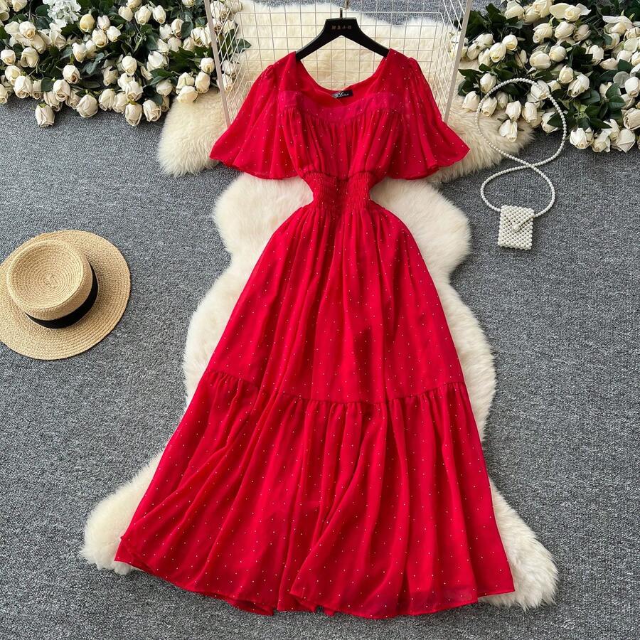 Vestido de Chifón con Lentejuelas y Cuello Cuadrado Retro, Manga Corta, Cintura Ajustada, Estilo Coreano, Falda Larga Drapead... - Rojo - Ver 1