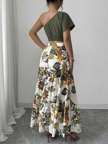 Blusa ajustada de manga corta con hombro asimétrico en color verde elegante + Falda ajustada en línea A de color beige elegante, ropa de vacaciones/resort - Burdeos - Ver 6