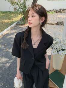 女款優雅短袖黑色西裝外套，韓式垂墜休閒短版夾克，夏季款 - 黑色 - 查看 5