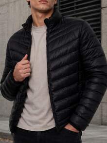 Men's HPC Polo Fleece Puffer Jacket, Warm, Casual, Basic, No Hood, Youthful And Modern Style, Ideal For Winter Or Cold Weather - 黑色 - 查看 1