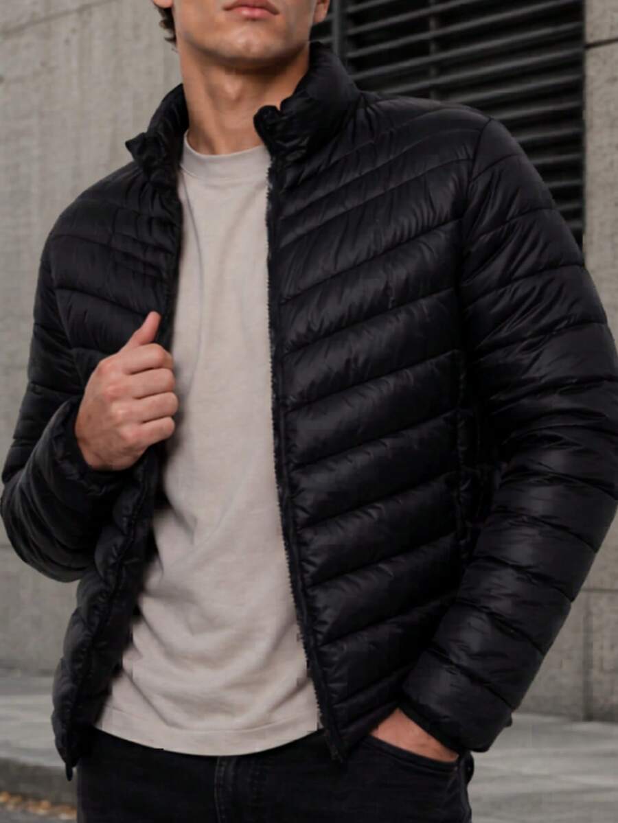 Men's HPC Polo Fleece Puffer Jacket, Warm, Casual, Basic, No Hood, Youthful And Modern Style, Ideal For Winter Or Cold Weather - 黑色 - 查看 1
