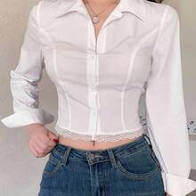 Fashion Women's Clothing  Cárdigan de corte ajustado con estilo universitario y costuras de espina de pescado, blusa elegante de manga larga con parches de encaje hueco para uso en la oficina, primavera/otoño Y2k - Blanco - Ver 5