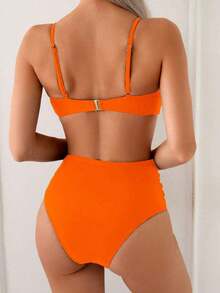 Swim Chiccia Conjunto de bikini marrón de cintura alta con control de abdomen, correa con cuentas y hebilla de metal elegante para vacaciones de mujer, primavera/verano 2025 - Negro - Ver 8
