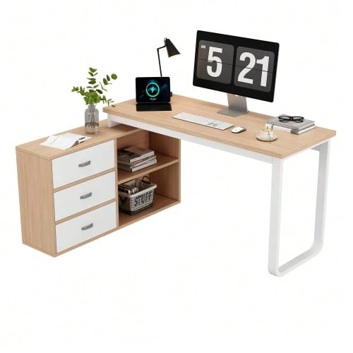 Simple Desk, Office Desk, Three Drawers, Two Open Shelves, Solid Steel Tube Frame, Wide And Thick Top, High Load Capacity, Natural Appearance - Natural Color - View 1