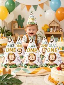 6pcs Jungle Animal Theme Party Hats, Wild Theme Party Decorations, 1st Birthday Party Paper Hats, Birthday Party Supplies, Baby Shower Party Supplies, Boy Birthday, Birthday Photo Props, Baby Shower Decorations, Gender Reveal Party Decorations, Home Birthday Decorations, Room Decorations, Jungle Animal Party Accessories, Birthday Gifts, Party Favors - Jungle Animals - View 4
